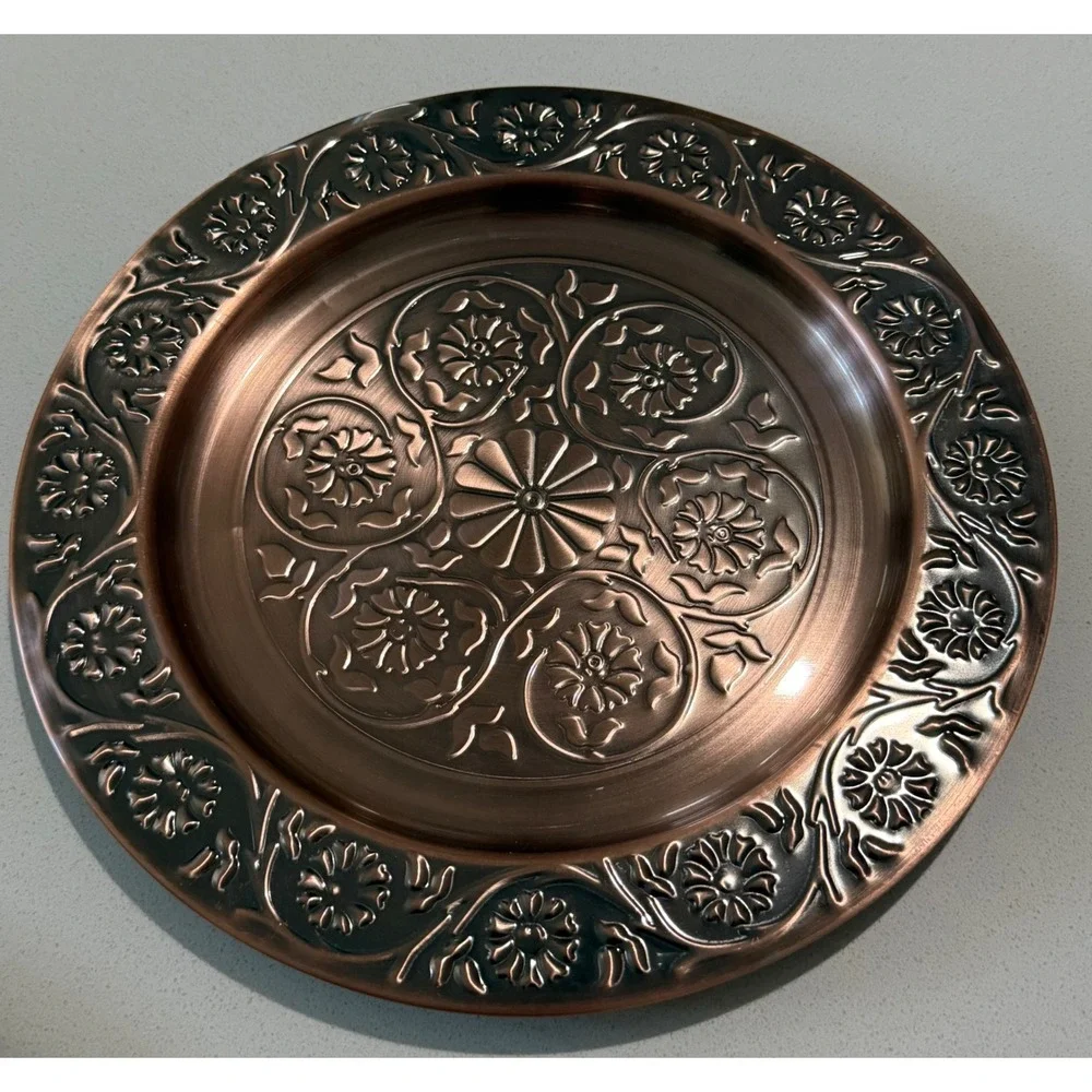 Vintage Aramco Imports Inc Copper Embossed Floral Metal Trays set of 2 11.5